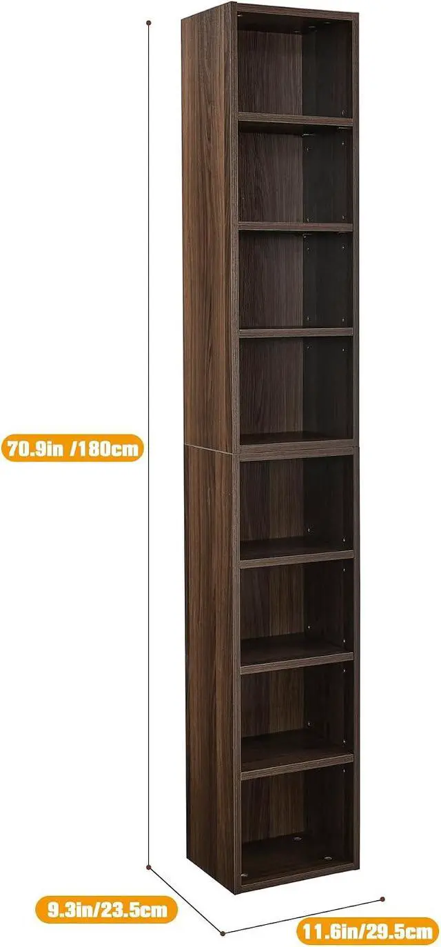 Alt view image 2 of 7 - 8-Tier CD DVD Storage Rack Media Shelf Tall Narrow Display Cabinet Rack Tower Skinny Bookcase with Adjustable Shelves for Home Office Tight Space, 11.6" x 9.3" x 71", Walnut