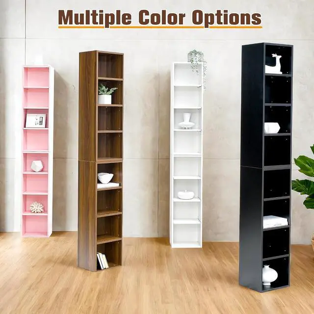 Alt view image 6 of 7 - 8-Tier CD DVD Tower Rack Media Storage Display Cabinet Tall Narrow Bookcase with Adjustable Shelves for Small Spaces, 11.6" x 9.3" x 71", Slim Bookshelf for Home Office, Black