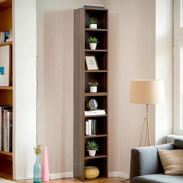 Main image of 8-Tier CD DVD Storage Rack Media Shelf Tall Narrow Display Cabinet Rack Tower Skinny Bookcase with Adjustable Shelves for Home Office Tight Space, 11.6" x 9.3" x 71", Walnut
