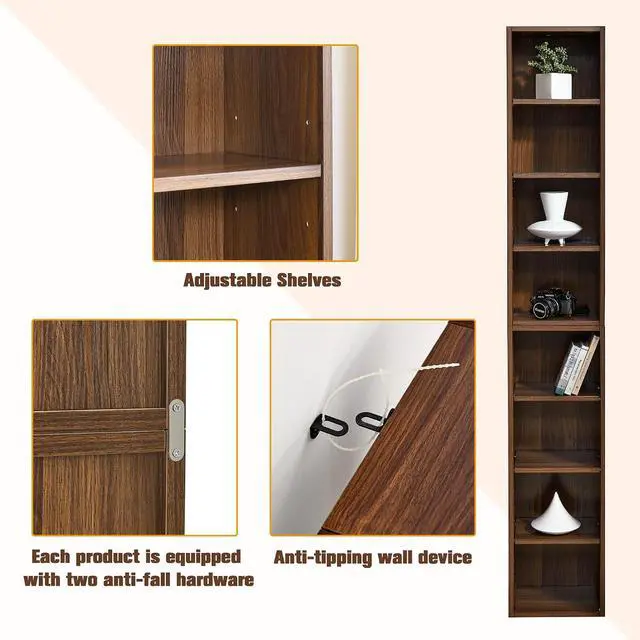 Alt view image 5 of 7 - 8-Tier CD DVD Storage Rack Media Shelf Tall Narrow Display Cabinet Rack Tower Skinny Bookcase with Adjustable Shelves for Home Office Tight Space, 11.6" x 9.3" x 71", Walnut