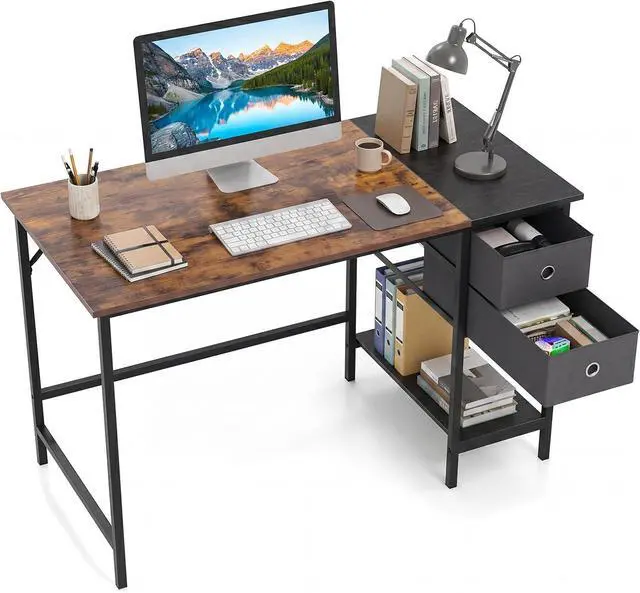 Main image of 48-Inch Computer Desk with 2 Drawers, Modern Home Office Desk with Hanging Hook & Storage Shelf, Multipurpose Writing Desk for Study Bedroom (Rustic Brown, 48")
