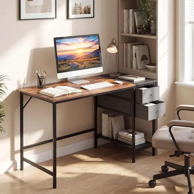 Alt view image 2 of 7 - 48-Inch Computer Desk with 2 Drawers, Modern Home Office Desk with Hanging Hook & Storage Shelf, Multipurpose Writing Desk for Study Bedroom (Rustic Brown, 48")