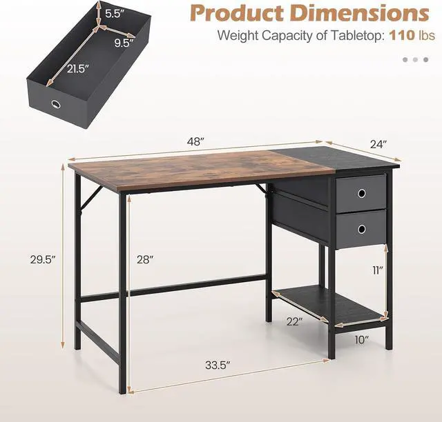 Alt view image 3 of 7 - 48-Inch Computer Desk with 2 Drawers, Modern Home Office Desk with Hanging Hook & Storage Shelf, Multipurpose Writing Desk for Study Bedroom (Rustic Brown, 48")