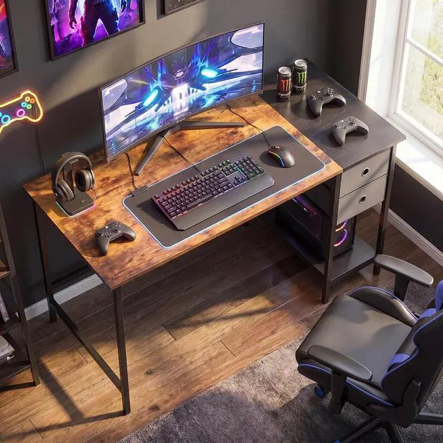 Alt view image 4 of 7 - 48-Inch Computer Desk with 2 Drawers, Modern Home Office Desk with Hanging Hook & Storage Shelf, Multipurpose Writing Desk for Study Bedroom (Rustic Brown, 48")