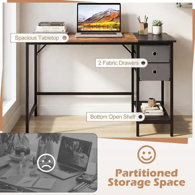 Alt view image 6 of 7 - 48-Inch Computer Desk with 2 Drawers, Modern Home Office Desk with Hanging Hook & Storage Shelf, Multipurpose Writing Desk for Study Bedroom (Rustic Brown, 48")