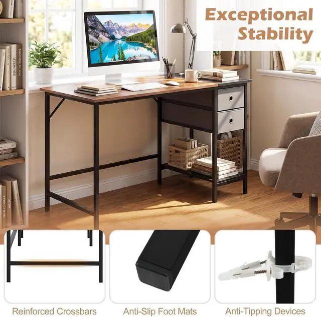 Alt view image 7 of 7 - 48-Inch Computer Desk with 2 Drawers, Modern Home Office Desk with Hanging Hook & Storage Shelf, Multipurpose Writing Desk for Study Bedroom (Rustic Brown, 48")
