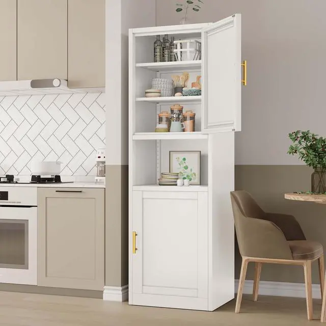 Alt view image 7 of 7 - 67" Tall Narrow Storage Cabinet Metal Bathroom Cabinet with 4 Adjustable Shelves, Freestanding Pantry Cupboard for Kitchen, Dining Room, Living Room Bathroom and Home Office (White)