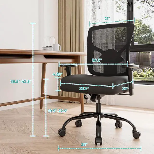 Alt view image 3 of 7 - Big and Tall Office Chair 400lbs - Heavy Duty With Thickened Soft Seat, Ergonomic Mesh, Adjustable Lumbar Support and Armrest for Heavy People