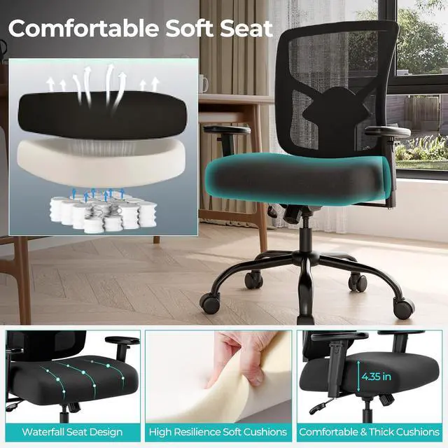 Alt view image 4 of 7 - Big and Tall Office Chair 400lbs - Heavy Duty With Thickened Soft Seat, Ergonomic Mesh, Adjustable Lumbar Support and Armrest for Heavy People
