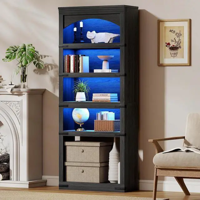 Main image of 5-Tier Arched Bookcase, 70" Tall Bookcase with LED Lights, Floor Standing Open Display Storage Shelf with Metal Corner, Large Organizer for Living Room, Home Office, Black