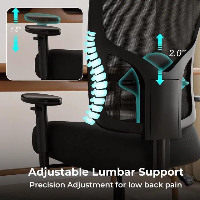 Alt view image 5 of 7 - Big and Tall Office Chair 400lbs - Heavy Duty With Thickened Soft Seat, Ergonomic Mesh, Adjustable Lumbar Support and Armrest for Heavy People