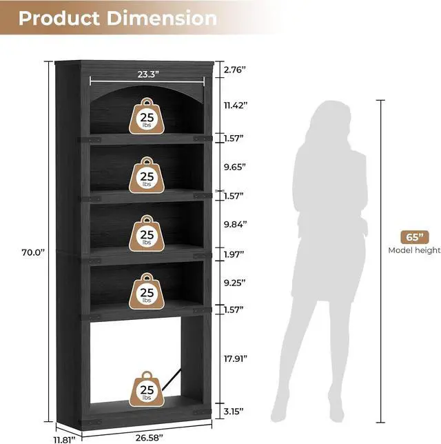 Alt view image 2 of 7 - 5-Tier Arched Bookcase, 70" Tall Bookcase with LED Lights, Floor Standing Open Display Storage Shelf with Metal Corner, Large Organizer for Living Room, Home Office, Black