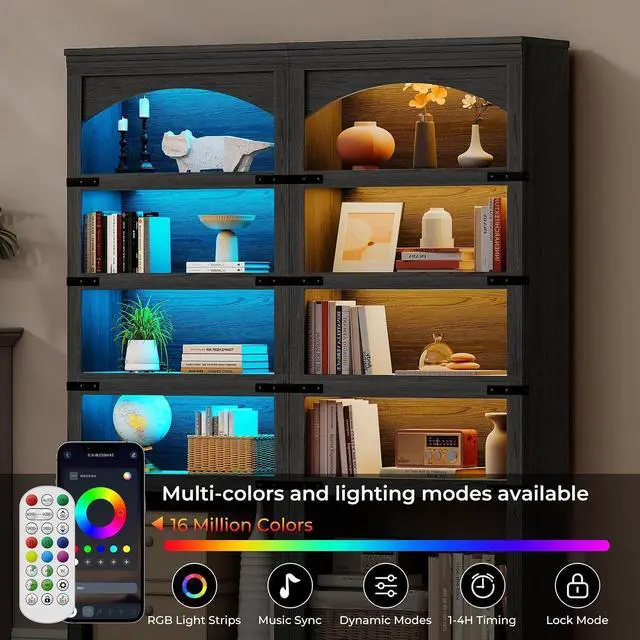 Alt view image 3 of 7 - 5-Tier Arched Bookcase, 70" Tall Bookcase with LED Lights, Floor Standing Open Display Storage Shelf with Metal Corner, Large Organizer for Living Room, Home Office, Black