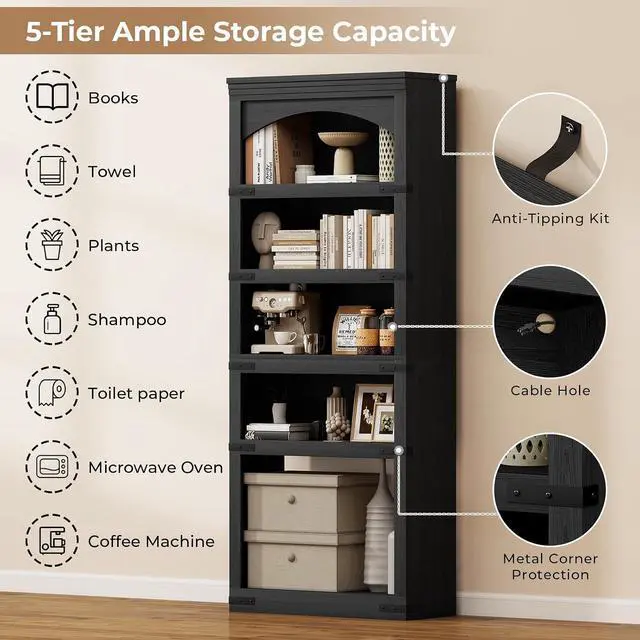 Alt view image 4 of 7 - 5-Tier Arched Bookcase, 70" Tall Bookcase with LED Lights, Floor Standing Open Display Storage Shelf with Metal Corner, Large Organizer for Living Room, Home Office, Black