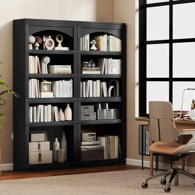 Alt view image 7 of 7 - 5-Tier Arched Bookcase, 70" Tall Bookcase with LED Lights, Floor Standing Open Display Storage Shelf with Metal Corner, Large Organizer for Living Room, Home Office, Black