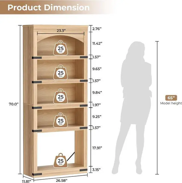 Alt view image 2 of 7 - 5-Tier Arched Bookcase, 70" Tall Bookcase with LED Lights, Floor Standing Open Display Storage Shelf with Metal Corner, Large Organizer for Living Room, Home Office, Natural Oak