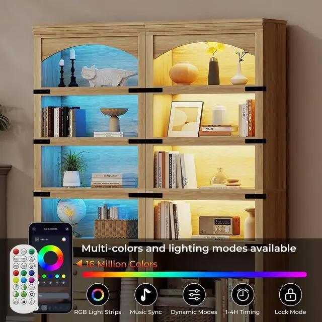 Alt view image 3 of 7 - 5-Tier Arched Bookcase, 70" Tall Bookcase with LED Lights, Floor Standing Open Display Storage Shelf with Metal Corner, Large Organizer for Living Room, Home Office, Natural Oak