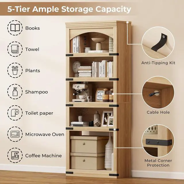 Alt view image 4 of 7 - 5-Tier Arched Bookcase, 70" Tall Bookcase with LED Lights, Floor Standing Open Display Storage Shelf with Metal Corner, Large Organizer for Living Room, Home Office, Natural Oak