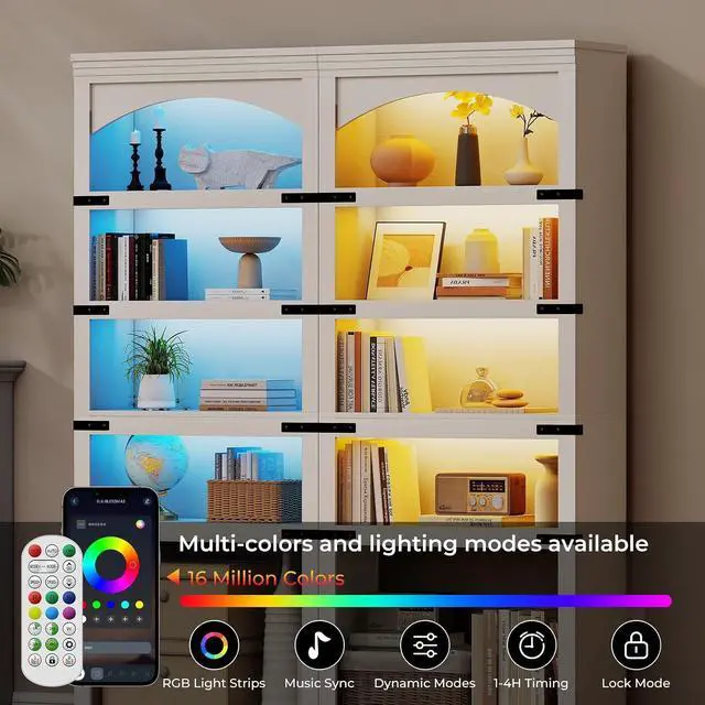Alt view image 3 of 7 - 5-Tier Arched Bookcase, 70" Tall Bookcase with LED Lights, Floor Standing Open Display Storage Shelf with Metal Corner, Large Organizer for Living Room, Home Office, White