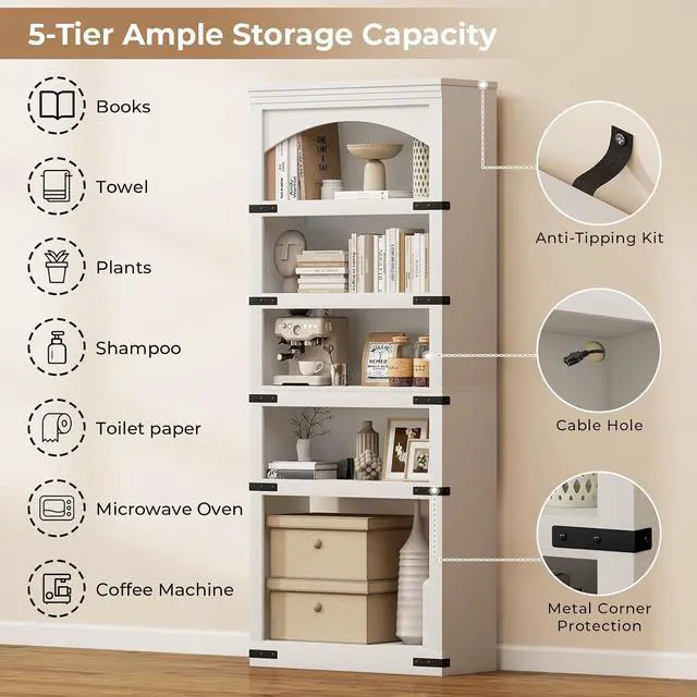Alt view image 4 of 7 - 5-Tier Arched Bookcase, 70" Tall Bookcase with LED Lights, Floor Standing Open Display Storage Shelf with Metal Corner, Large Organizer for Living Room, Home Office, White