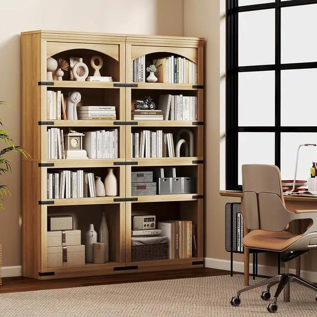 Alt view image 7 of 7 - 5-Tier Arched Bookcase, 70" Tall Bookcase with LED Lights, Floor Standing Open Display Storage Shelf with Metal Corner, Large Organizer for Living Room, Home Office, Natural Oak
