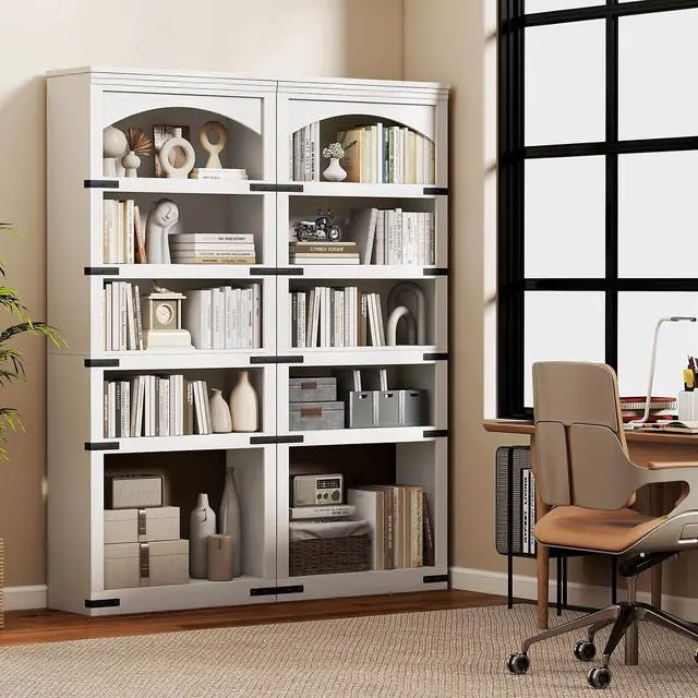 Alt view image 7 of 7 - 5-Tier Arched Bookcase, 70" Tall Bookcase with LED Lights, Floor Standing Open Display Storage Shelf with Metal Corner, Large Organizer for Living Room, Home Office, White