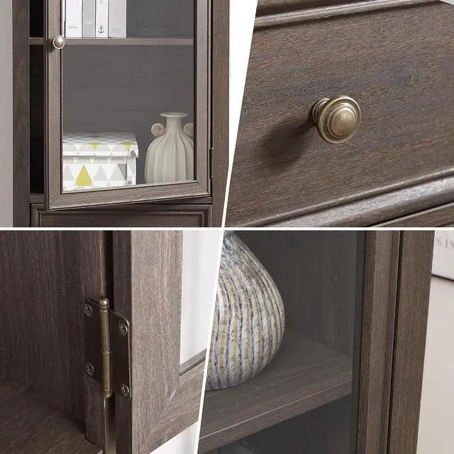 Alt view image 5 of 7 - 65" Tall Bookcase with Tempered Glass Door, Elegant Freestanding Display Cabinet with Drawer, Modern Wooden Kitchen Pantry Storage Cabinets for Living Room/Office(Brown)