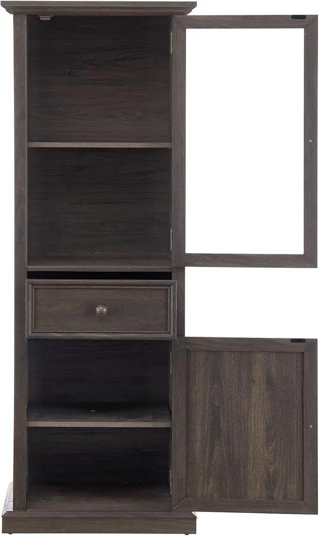 Alt view image 6 of 7 - 65" Tall Bookcase with Tempered Glass Door, Elegant Freestanding Display Cabinet with Drawer, Modern Wooden Kitchen Pantry Storage Cabinets for Living Room/Office(Brown)