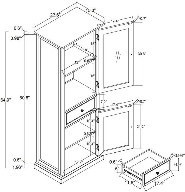 Alt view image 2 of 7 - 65" Tall Bookcase with Tempered Glass Door, Elegant Freestanding Display Cabinet with Drawer, Modern Wooden Kitchen Pantry Storage Cabinets for Living Room/Office(Brown)