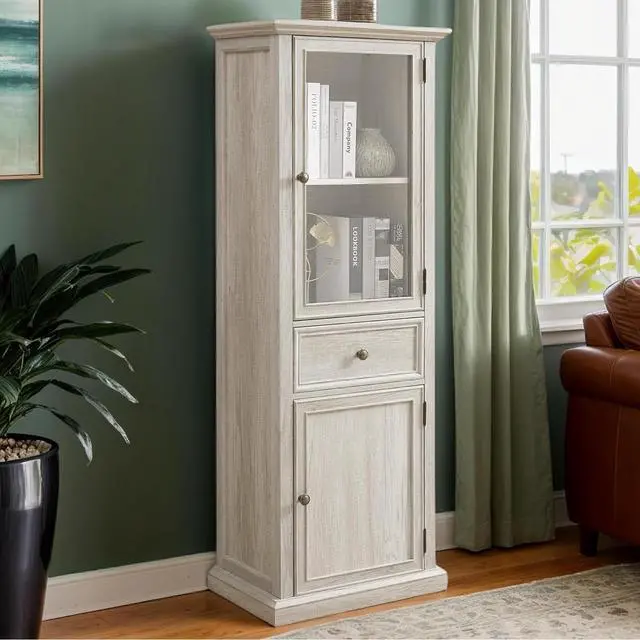 Alt view image 4 of 11 - 65" Tall Bookcase with Tempered Glass Door, Elegant Freestanding Display Cabinet with Drawer, Modern Wooden Kitchen Pantry Storage Cabinets for Living Room/Office(White)