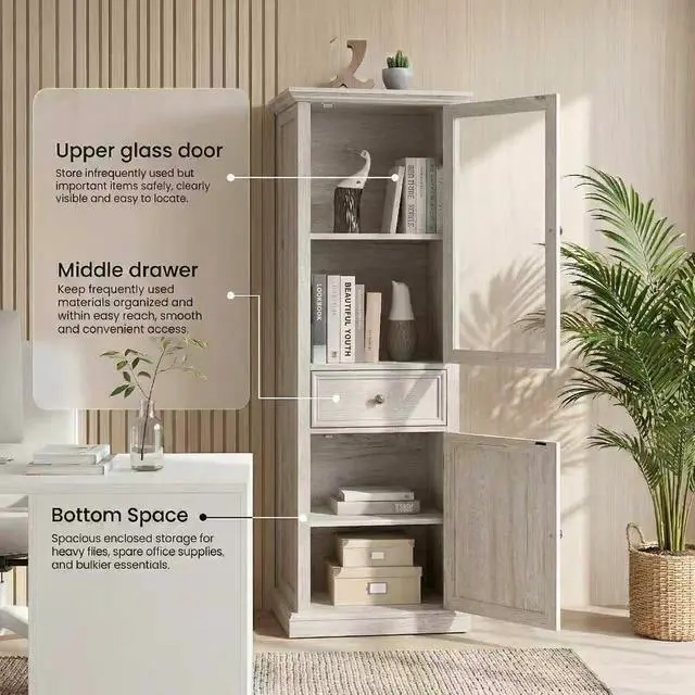 Alt view image 5 of 11 - 65" Tall Bookcase with Tempered Glass Door, Elegant Freestanding Display Cabinet with Drawer, Modern Wooden Kitchen Pantry Storage Cabinets for Living Room/Office(White)