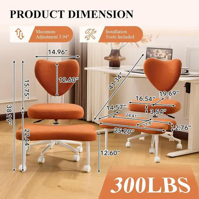 Alt view image 2 of 7 - Ergonomic Cross Legged Chair, Corduroy 360° Upholstered Swivel Meditation Chair with Wheels, Comfy Criss Cross Desk Chair for ADHD with Height-Adjustable for Office (Orange - Corduroy)