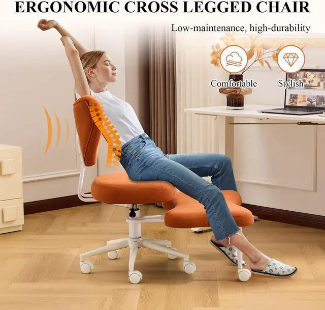 Alt view image 3 of 7 - Ergonomic Cross Legged Chair, Corduroy 360° Upholstered Swivel Meditation Chair with Wheels, Comfy Criss Cross Desk Chair for ADHD with Height-Adjustable for Office (Orange - Corduroy)