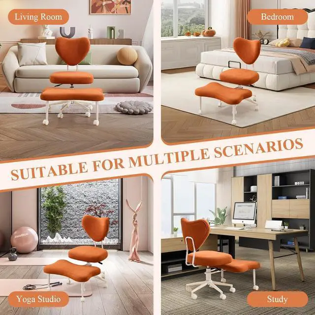 Alt view image 7 of 7 - Ergonomic Cross Legged Chair, Corduroy 360° Upholstered Swivel Meditation Chair with Wheels, Comfy Criss Cross Desk Chair for ADHD with Height-Adjustable for Office (Orange - Corduroy)