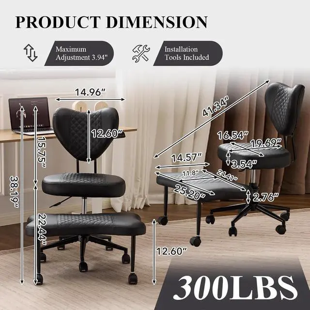 Alt view image 2 of 7 - Ergonomic Cross Legged Chair, PU Leather 360° Upholstered Swivel Meditation Chair with Wheels, Comfy Criss Cross Desk Chair for ADHD with Height-Adjustable for Office (Black - PU)
