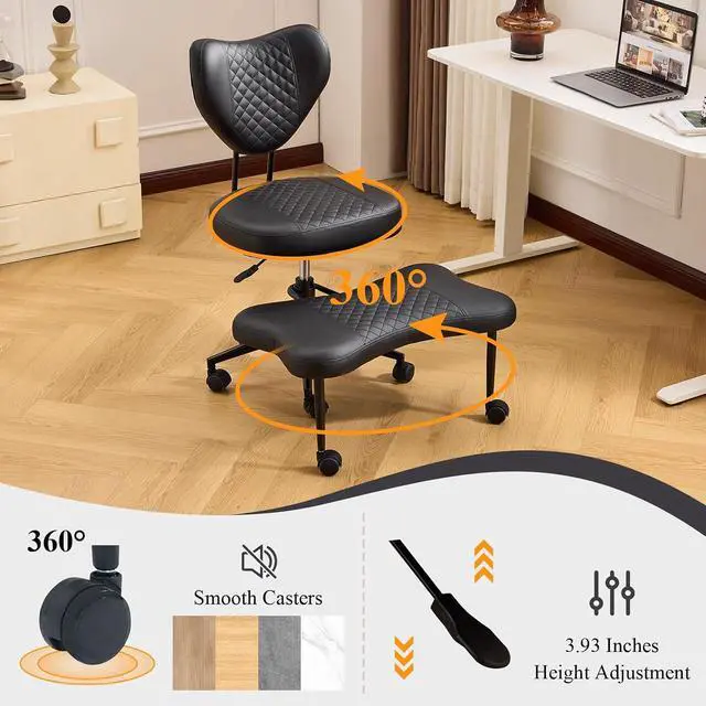 Alt view image 4 of 7 - Ergonomic Cross Legged Chair, PU Leather 360° Upholstered Swivel Meditation Chair with Wheels, Comfy Criss Cross Desk Chair for ADHD with Height-Adjustable for Office (Black - PU)