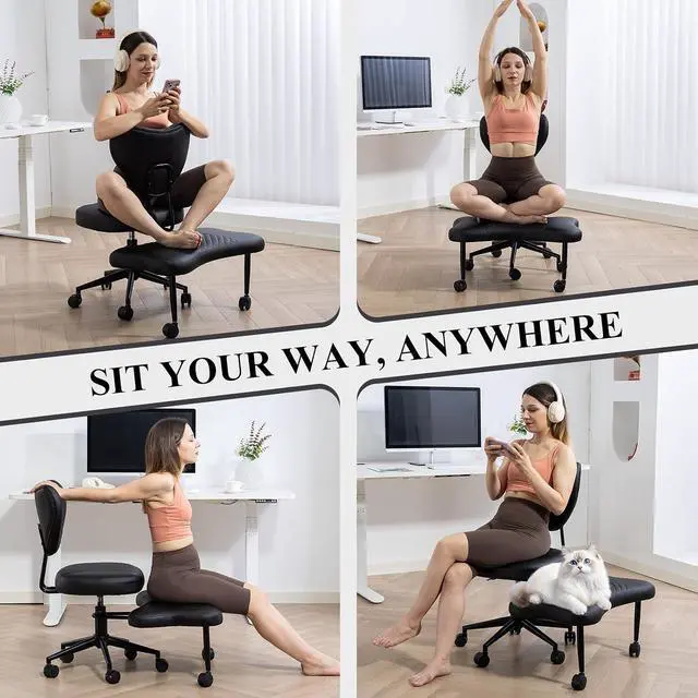 Alt view image 7 of 7 - Ergonomic Cross Legged Chair, PU Leather 360° Upholstered Swivel Meditation Chair with Wheels, Comfy Criss Cross Desk Chair for ADHD with Height-Adjustable for Office (Black - PU)
