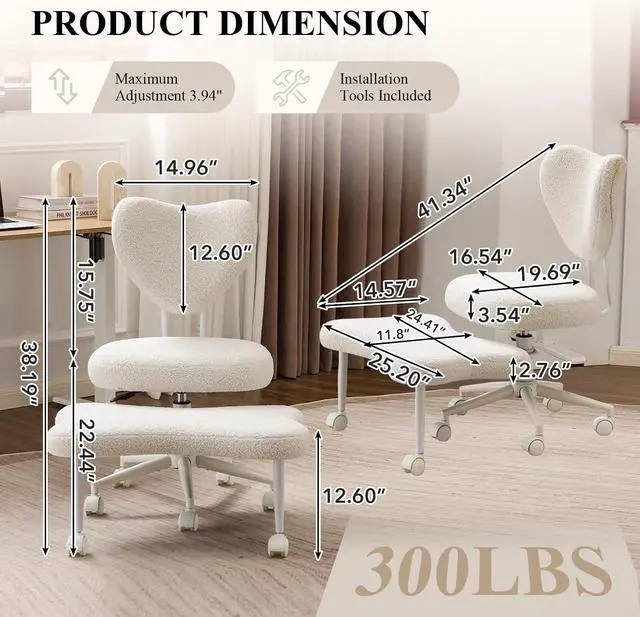 Alt view image 2 of 7 - Ergonomic Cross Legged Chair, Teddy 360° Upholstered Swivel Meditation Chair with Wheels, Comfy Criss Cross Desk Chair for ADHD with Height-Adjustable for Office (White - Teddy)
