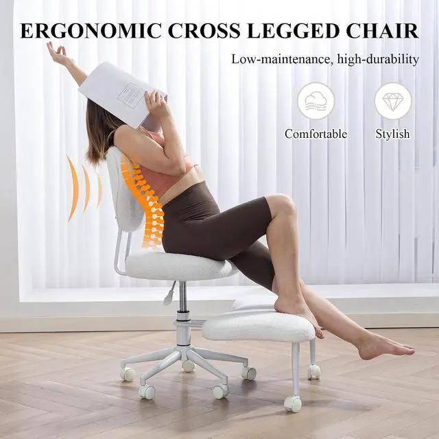 Alt view image 3 of 7 - Ergonomic Cross Legged Chair, Teddy 360° Upholstered Swivel Meditation Chair with Wheels, Comfy Criss Cross Desk Chair for ADHD with Height-Adjustable for Office (White - Teddy)