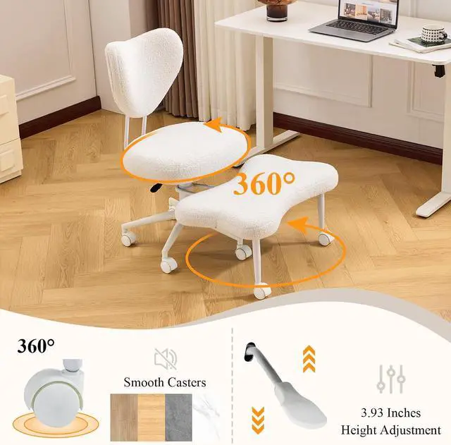 Alt view image 4 of 7 - Ergonomic Cross Legged Chair, Teddy 360° Upholstered Swivel Meditation Chair with Wheels, Comfy Criss Cross Desk Chair for ADHD with Height-Adjustable for Office (White - Teddy)