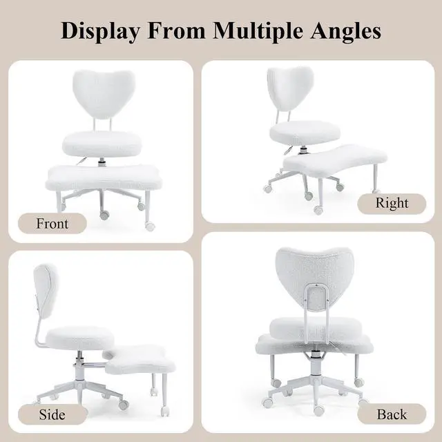 Alt view image 6 of 7 - Ergonomic Cross Legged Chair, Teddy 360° Upholstered Swivel Meditation Chair with Wheels, Comfy Criss Cross Desk Chair for ADHD with Height-Adjustable for Office (White - Teddy)