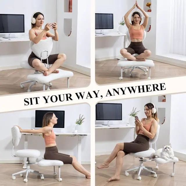 Alt view image 7 of 7 - Ergonomic Cross Legged Chair, Teddy 360° Upholstered Swivel Meditation Chair with Wheels, Comfy Criss Cross Desk Chair for ADHD with Height-Adjustable for Office (White - Teddy)