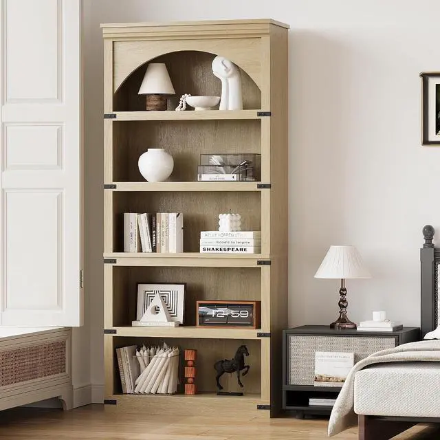 Main image of 68.7" Tall Bookshelf, 5-Tier Floor Standing Bookcase, 31.5" Wide Open Storage Shelf with Wooden Base, Farmhouse Wood Shelving Unit for Living Room, Home Office, Bedroom, Study, Nature