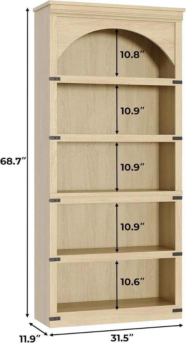 Alt view image 2 of 7 - 68.7" Tall Bookshelf, 5-Tier Floor Standing Bookcase, 31.5" Wide Open Storage Shelf with Wooden Base, Farmhouse Wood Shelving Unit for Living Room, Home Office, Bedroom, Study, Nature