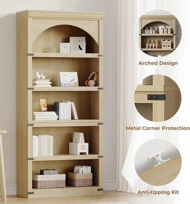 Alt view image 3 of 7 - 68.7" Tall Bookshelf, 5-Tier Floor Standing Bookcase, 31.5" Wide Open Storage Shelf with Wooden Base, Farmhouse Wood Shelving Unit for Living Room, Home Office, Bedroom, Study, Nature