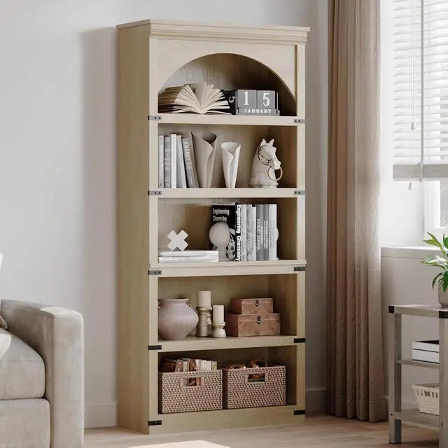 Alt view image 5 of 7 - 68.7" Tall Bookshelf, 5-Tier Floor Standing Bookcase, 31.5" Wide Open Storage Shelf with Wooden Base, Farmhouse Wood Shelving Unit for Living Room, Home Office, Bedroom, Study, Nature