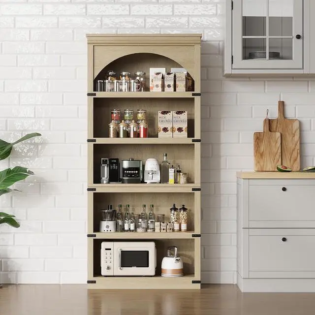 Alt view image 7 of 7 - 68.7" Tall Bookshelf, 5-Tier Floor Standing Bookcase, 31.5" Wide Open Storage Shelf with Wooden Base, Farmhouse Wood Shelving Unit for Living Room, Home Office, Bedroom, Study, Nature
