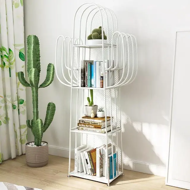 Main image of Cactus Shape Bookshelf, 4 Tiers Freestanding Bookcase Metal Display Rack Storage Organizer Unit Ladder Bookshelves for Corner Bedroom Living Room Office White