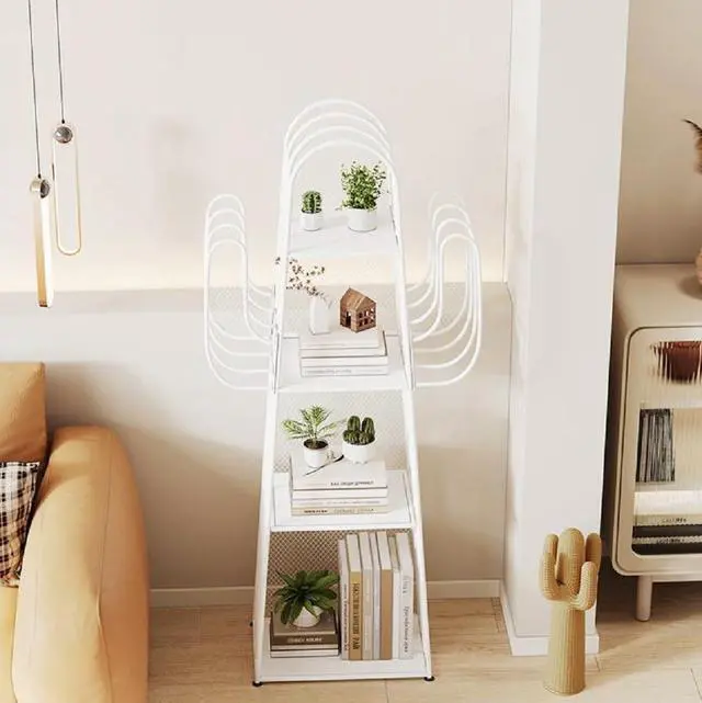 Alt view image 3 of 7 - Cactus Shape Bookshelf, 4 Tiers Freestanding Bookcase Metal Display Rack Storage Organizer Unit Ladder Bookshelves for Corner Bedroom Living Room Office White