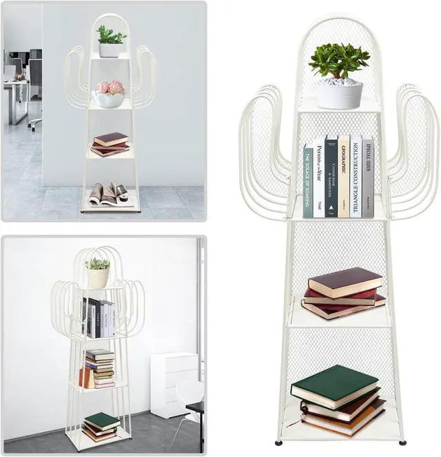 Alt view image 4 of 7 - Cactus Shape Bookshelf, 4 Tiers Freestanding Bookcase Metal Display Rack Storage Organizer Unit Ladder Bookshelves for Corner Bedroom Living Room Office White